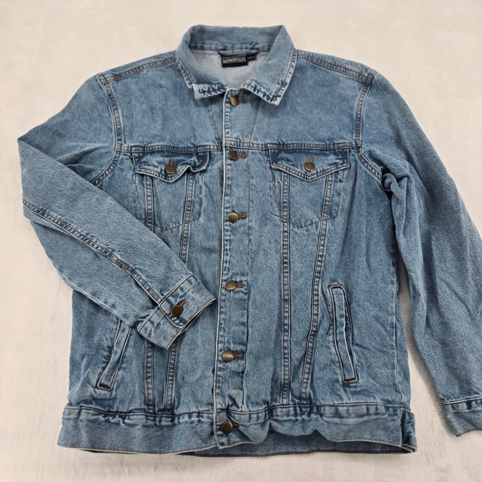 Monopoly Denim Jacket Mens L Denim Jacket Blue Graphic Back Rich Uncle Pennybags