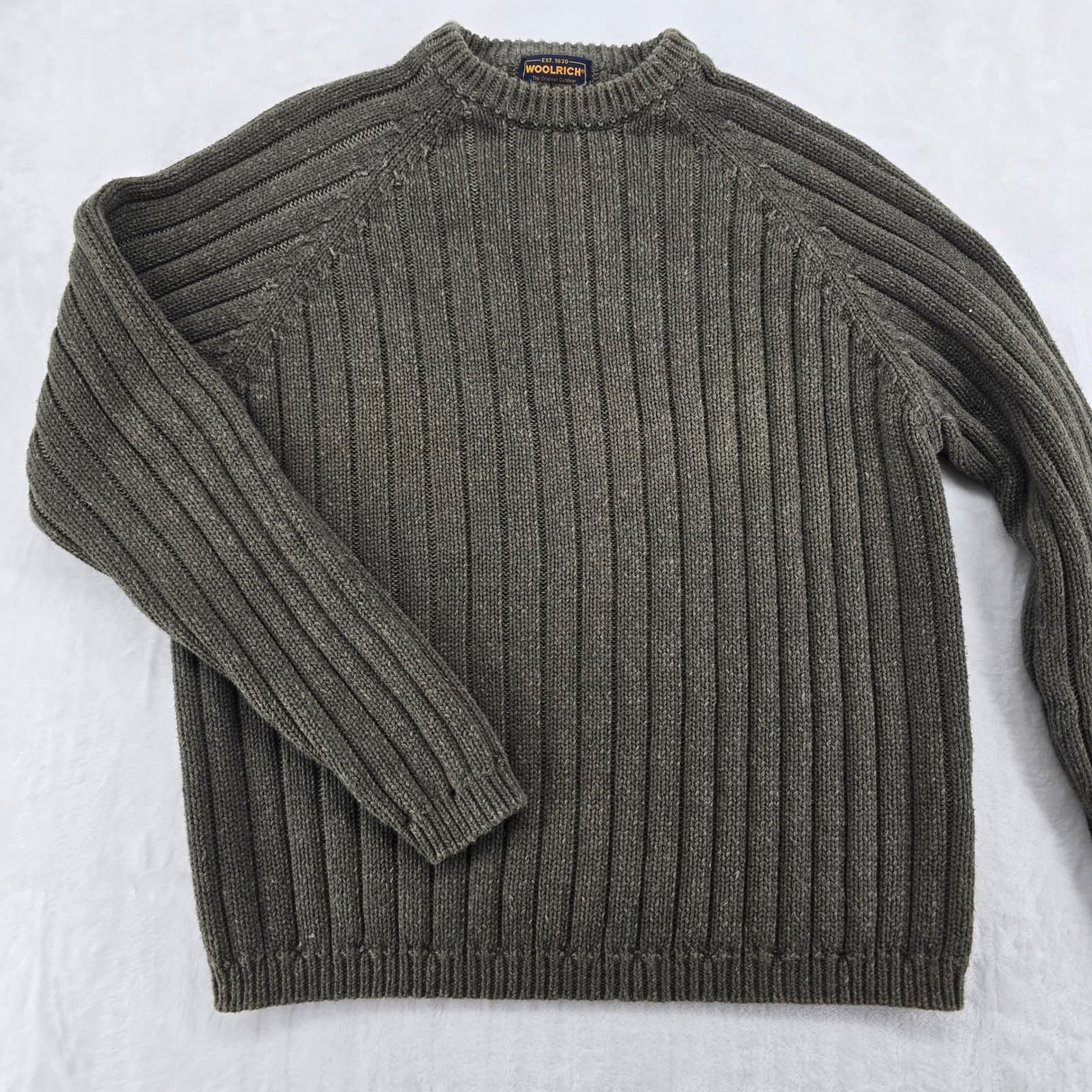 Woolrich Sweater Mens Large Sweater Olive Green Ribbed Knit Ramie Cotton 7116CB