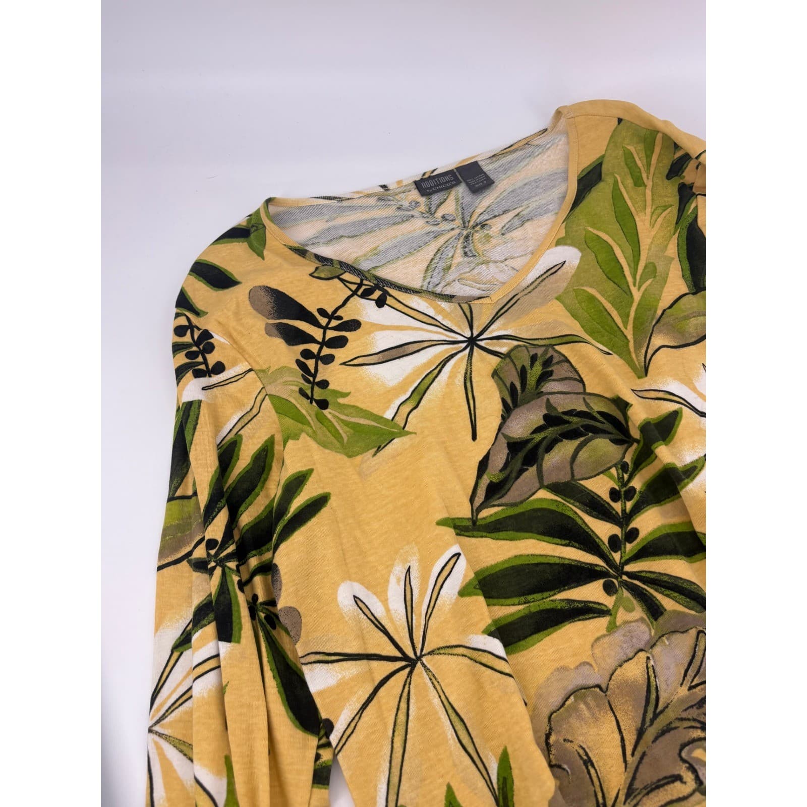 Additions by Chicos Yellow Tropical Leaf Print Long Sleeve V Neck Top Size 3