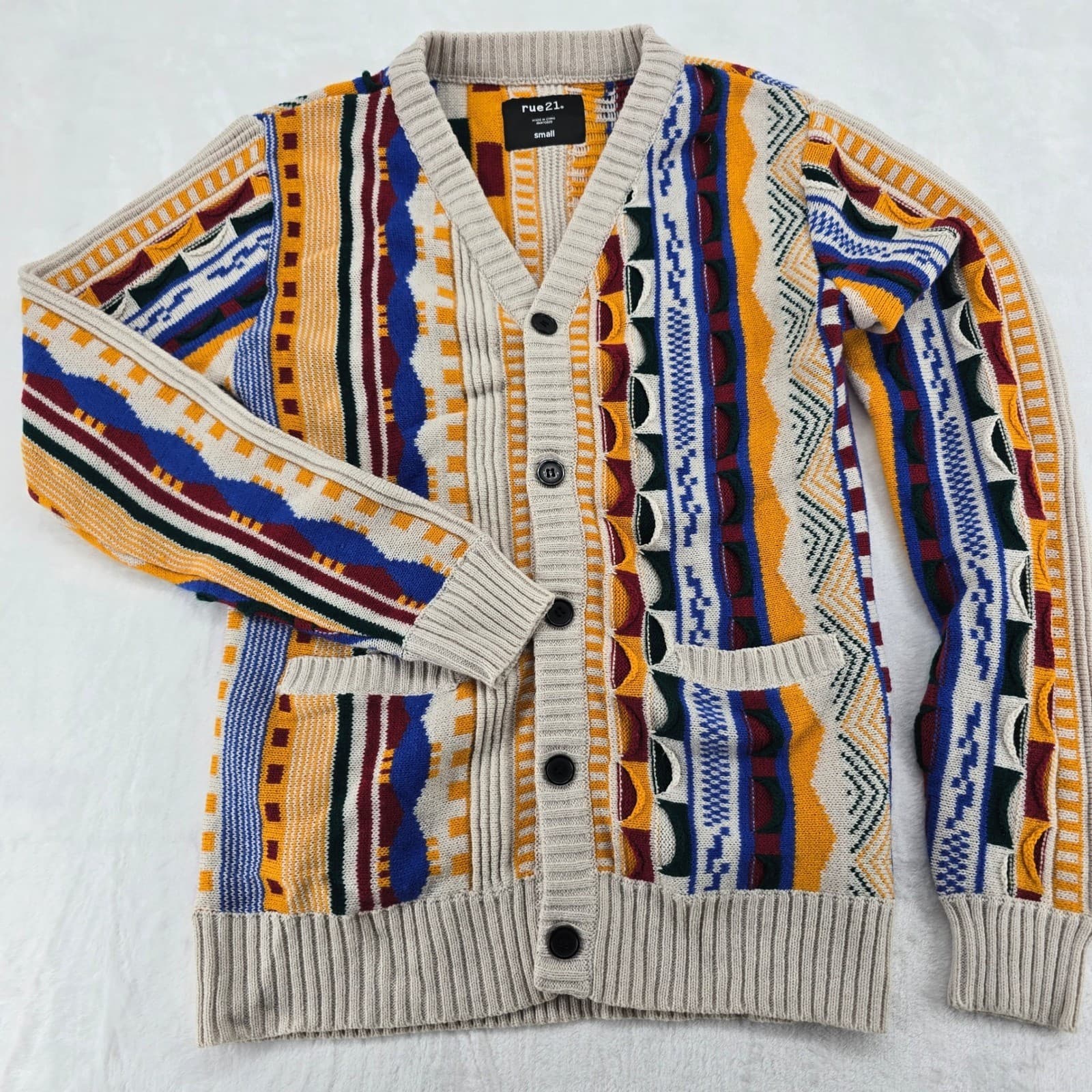 rue21 Men's Small Cardigan Multicolor Coogi Biggie Cosby Style Geometric Knit