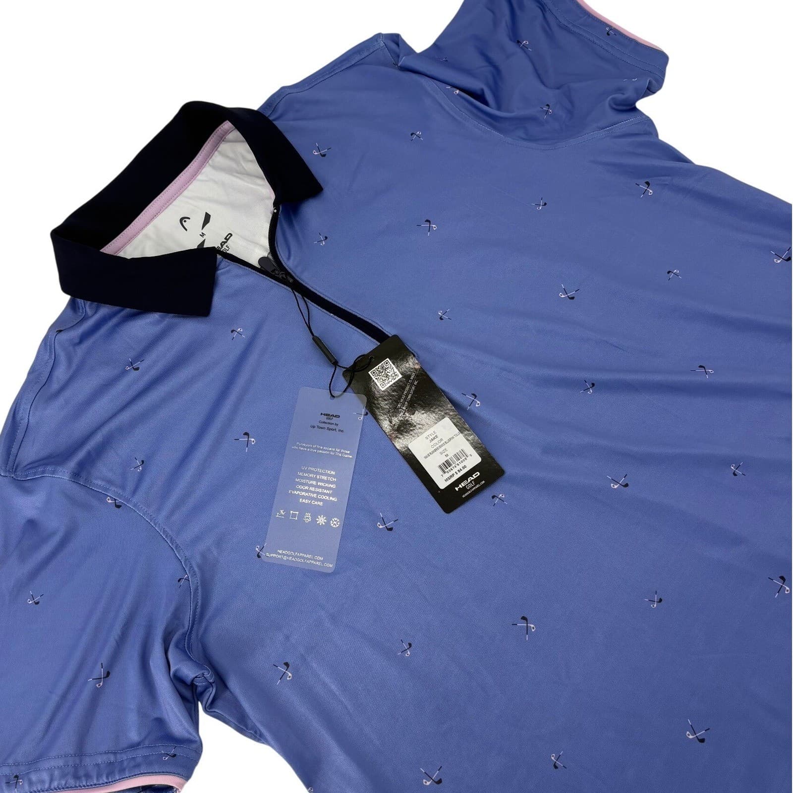 Head Golf Jake Polo Mens Size M Shirt Blue Pink Quarter Zip Golf Club Print NWT