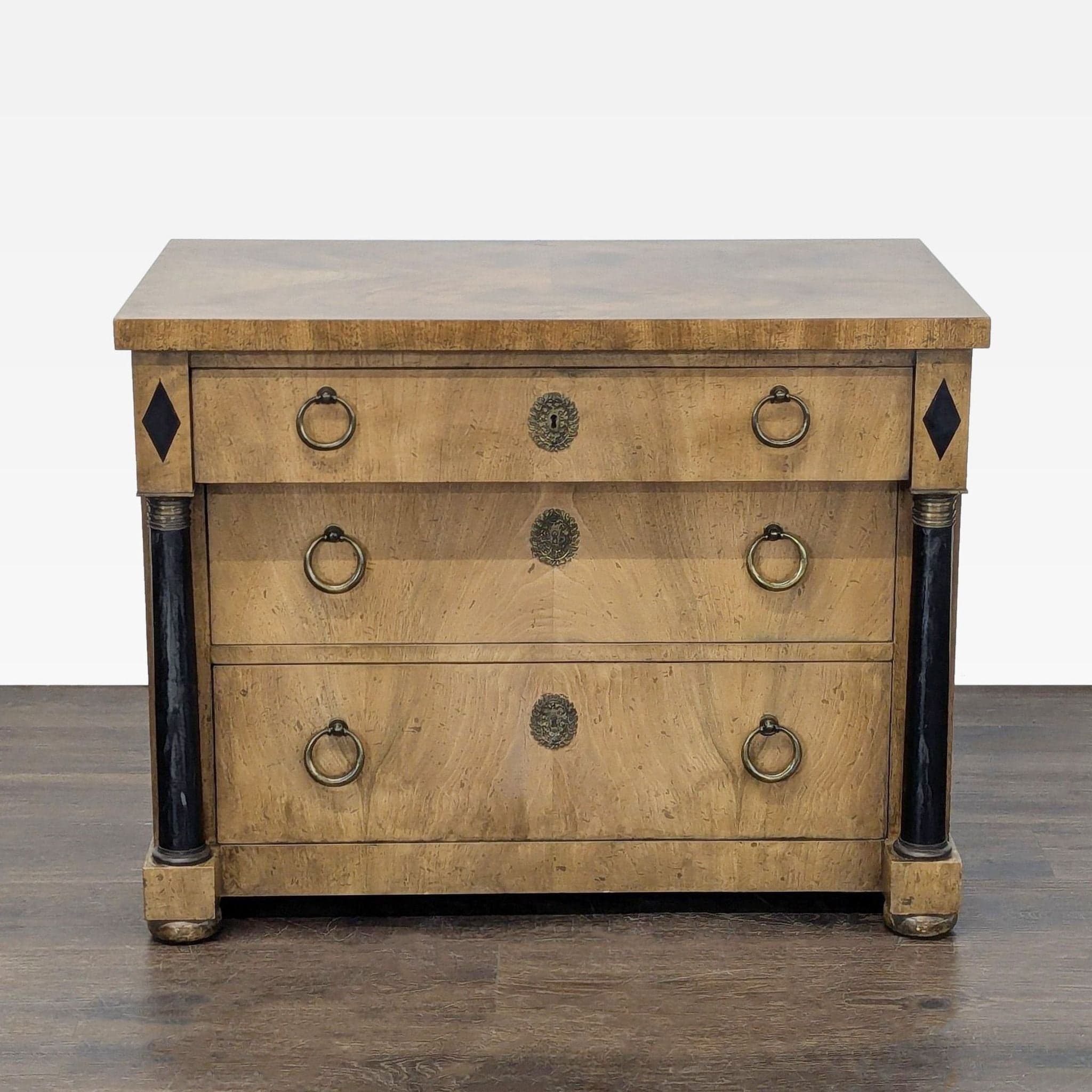 Baker Furniture Classic Burl Wood Veneer 3-Drawer Sidetable/Nightstand