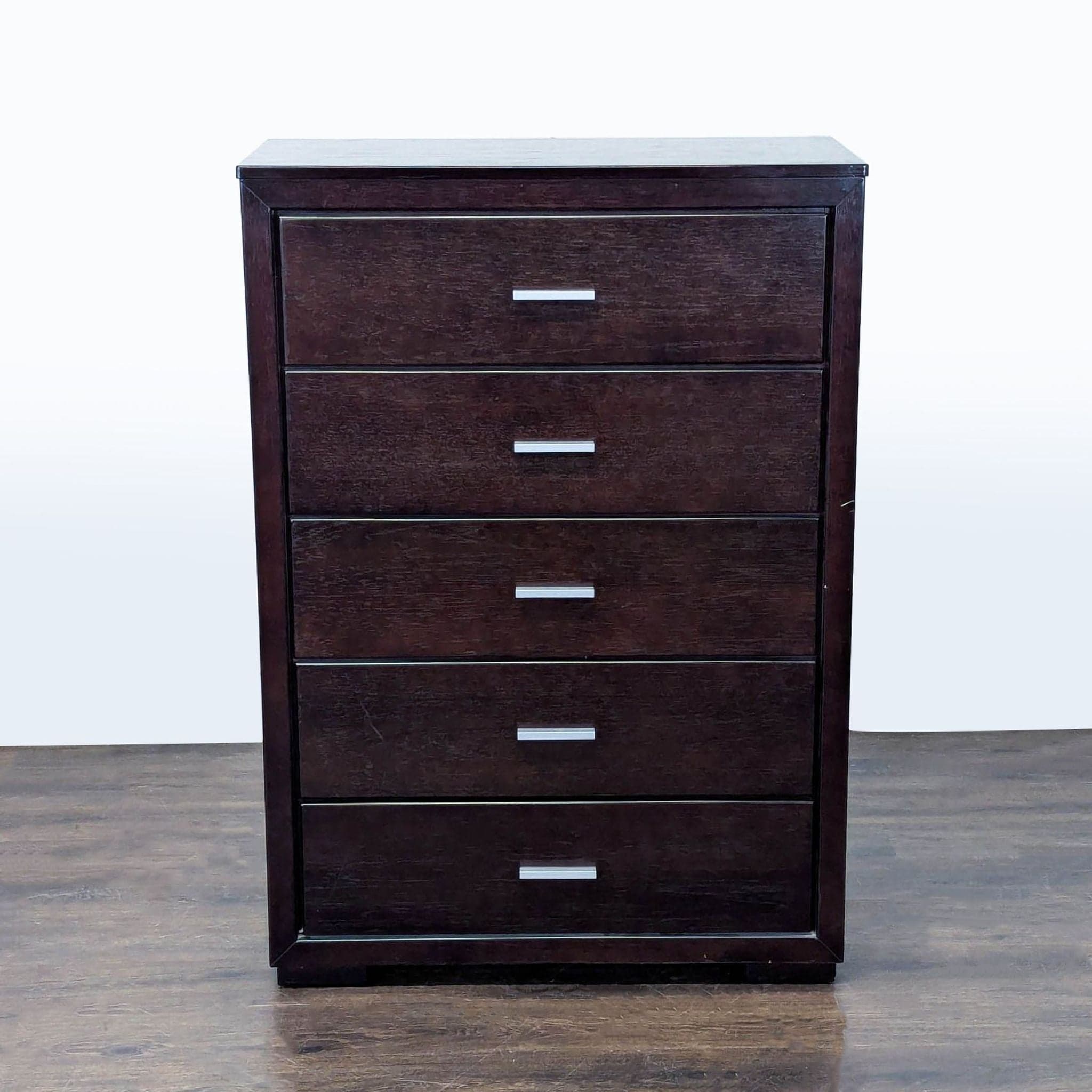 Modern 5-Drawer Dark Wood Dresser with Sleek Metal Handles