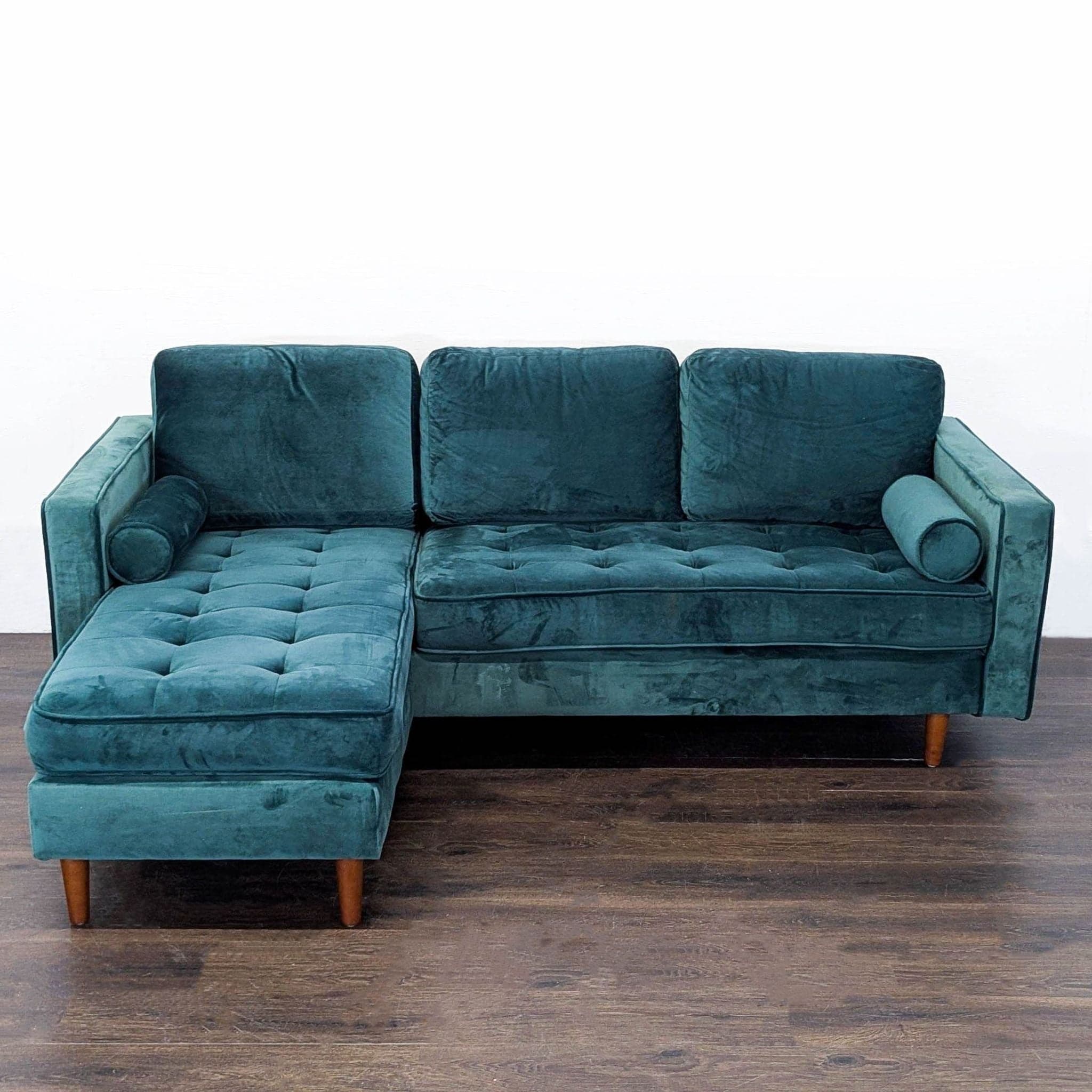 Modern Teal Velvet Sectional Sofa with Chaise Lounge and Wood Legs