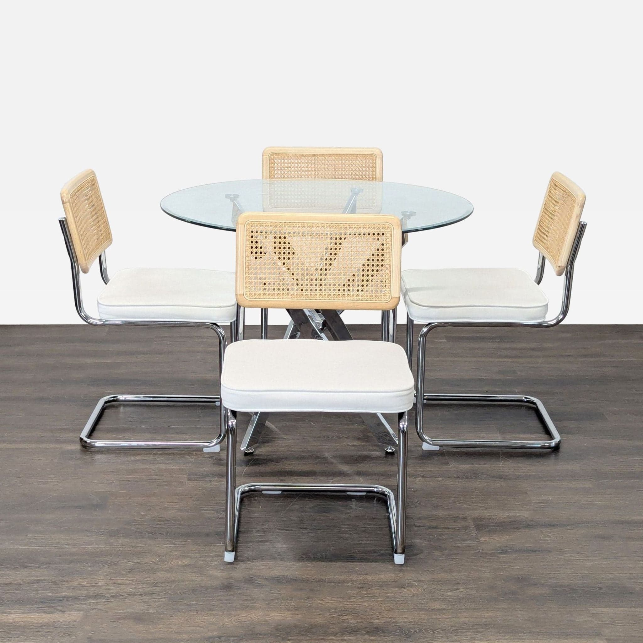 Modern 5-Piece Dining Set with Glass Table and Chrome & Cane Chairs