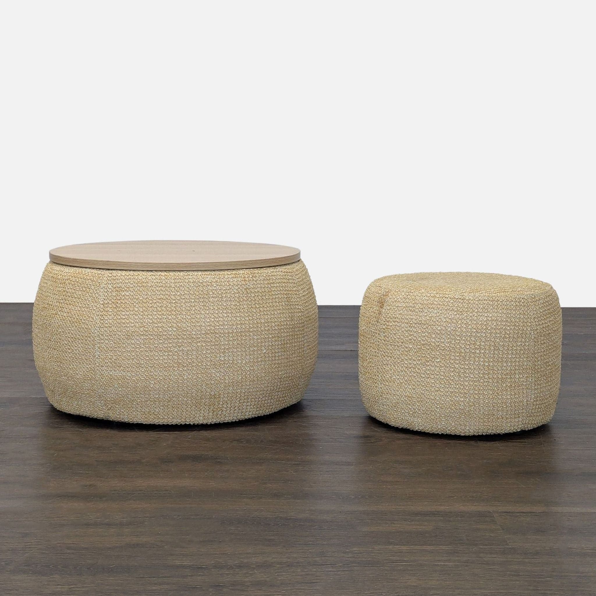Upholstered Storage Ottoman Set with Removable Wood Tray