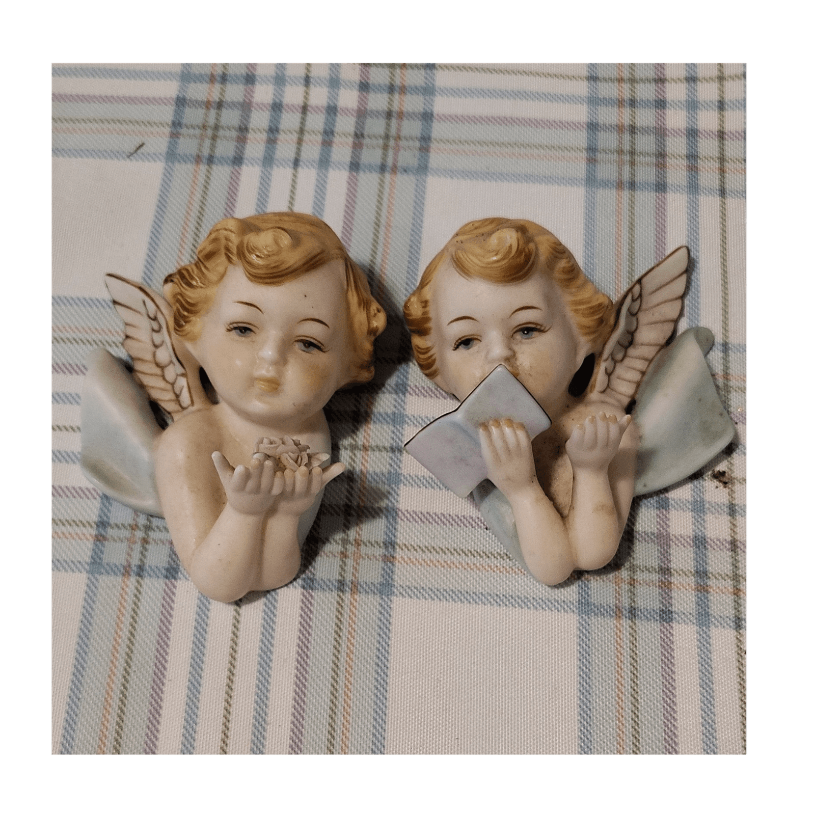 Vintage Ceramic/porcelain Angel Figurines Set of 2 Wall Decor Matte Finish