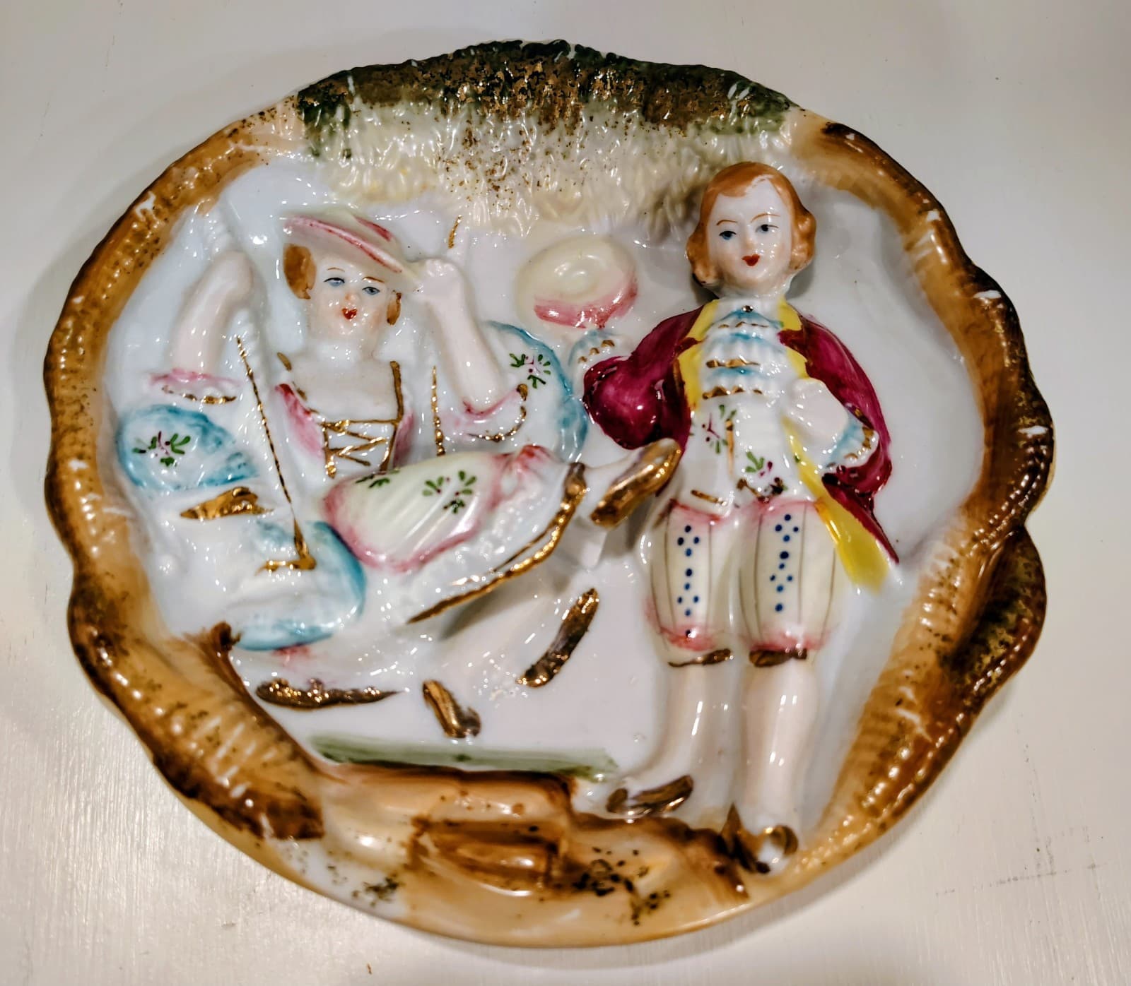Vintage BETSON Regency Wall Plaque Bisque Courting Couple on a Swing Japan EUC