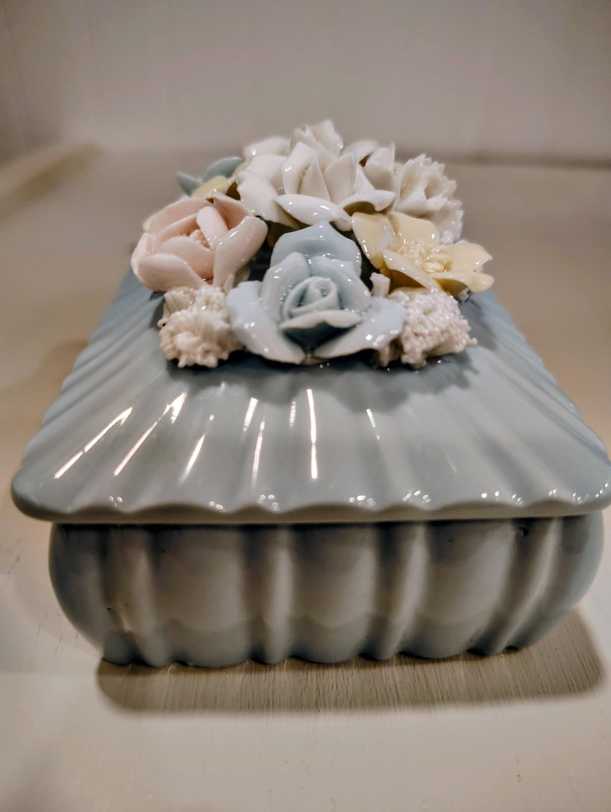 Vintage Japan Blue Porcelain Pink Flowers Floral Trinket Box