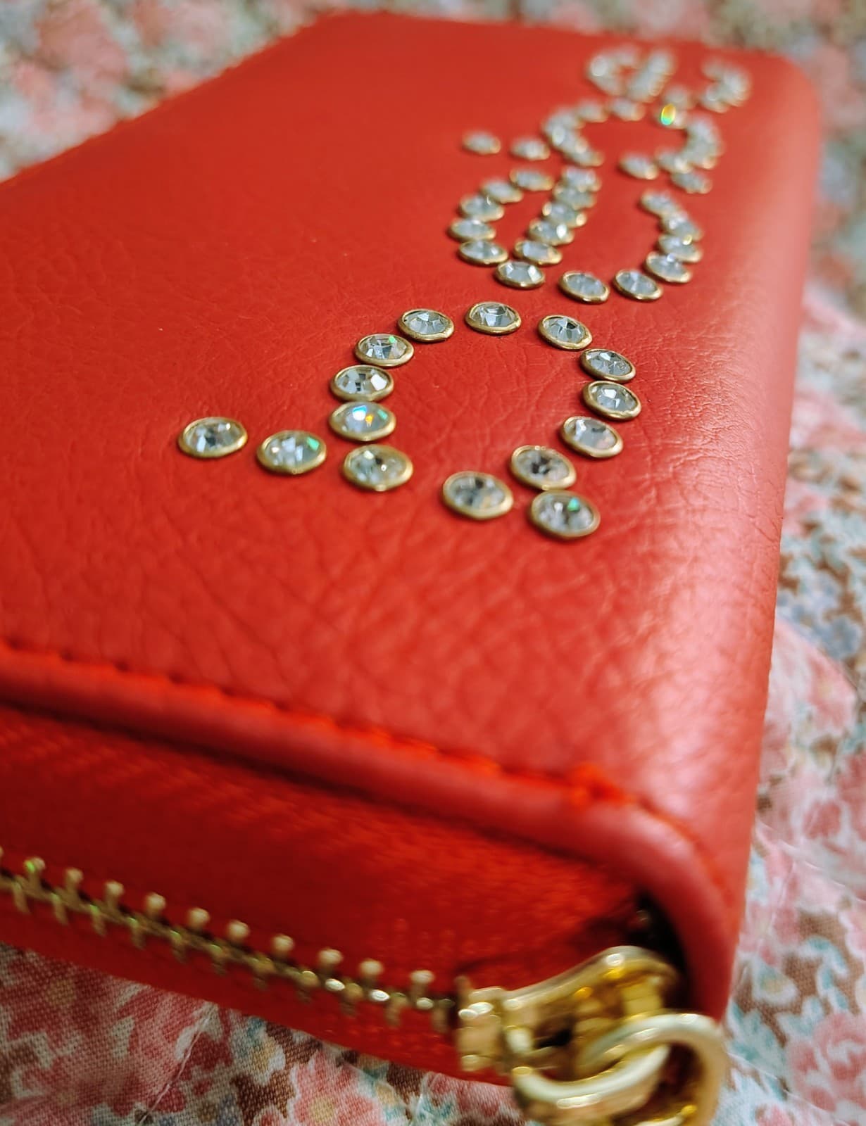 Bebe WALLET (New/NWT) "Jetta" RED Long ZIP AROUND Vegan Leather RHINESTONE STUD