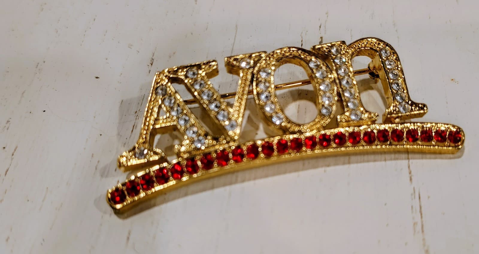 1990s Vintage Brooch Pin, Signed Avon, Red & White Rhinestones, Gold Tone