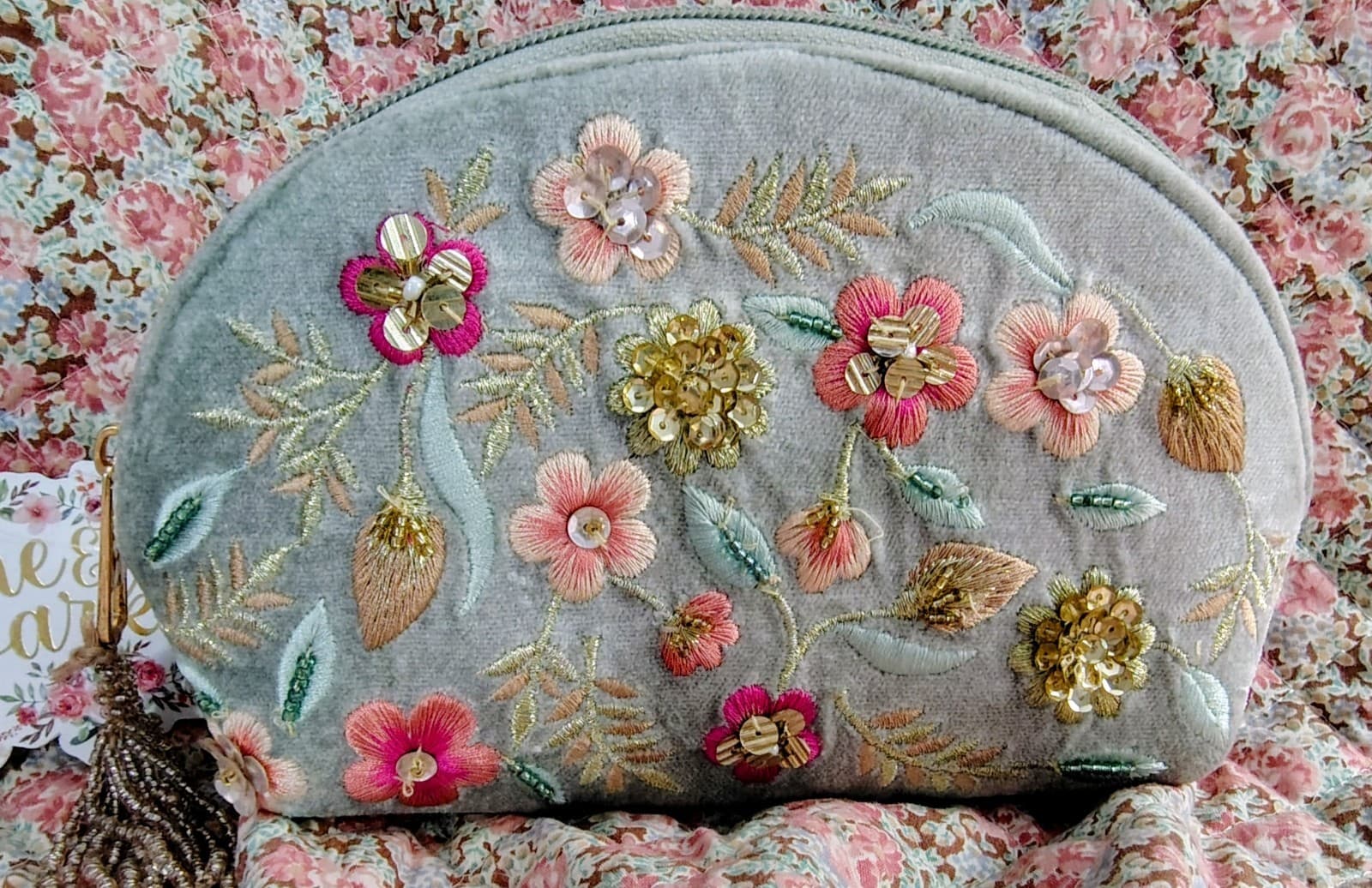 Shine And Sparkle Velvet Floral Cosmetic Bag Embroidered Beaded NWT