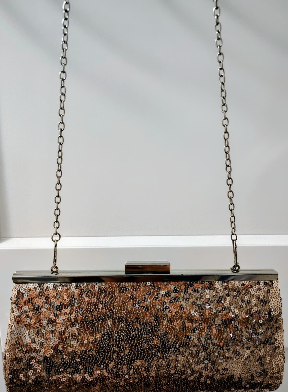Rose Gold Glittery Evening Bag, Silver Clasp, Clutch Shoulder Chain