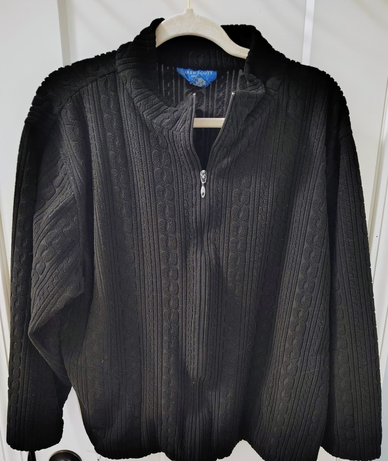 KAREN SCOTT Textured Cable Knit Sweater Full Zip Black Cotton, Size 1X
