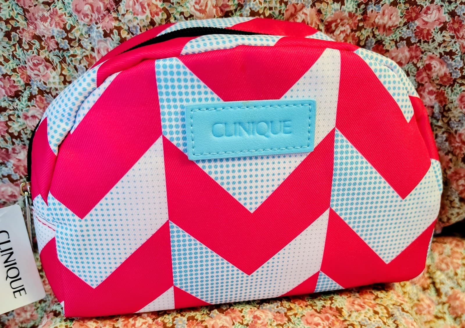 NWT Clinique Make Up Bag Cosmetics Pink & Blue Chevron