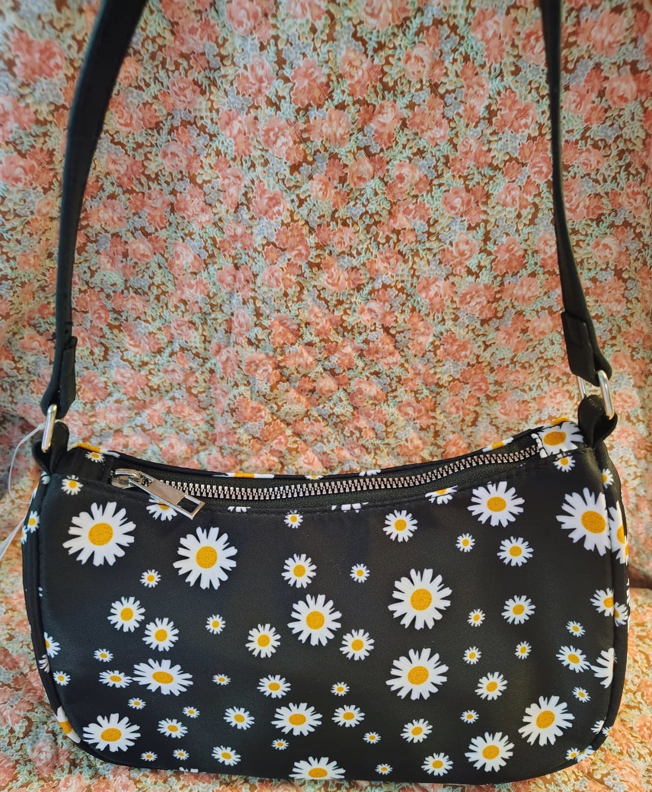 NWT Vegan Leather Black Daisy Printed Bag