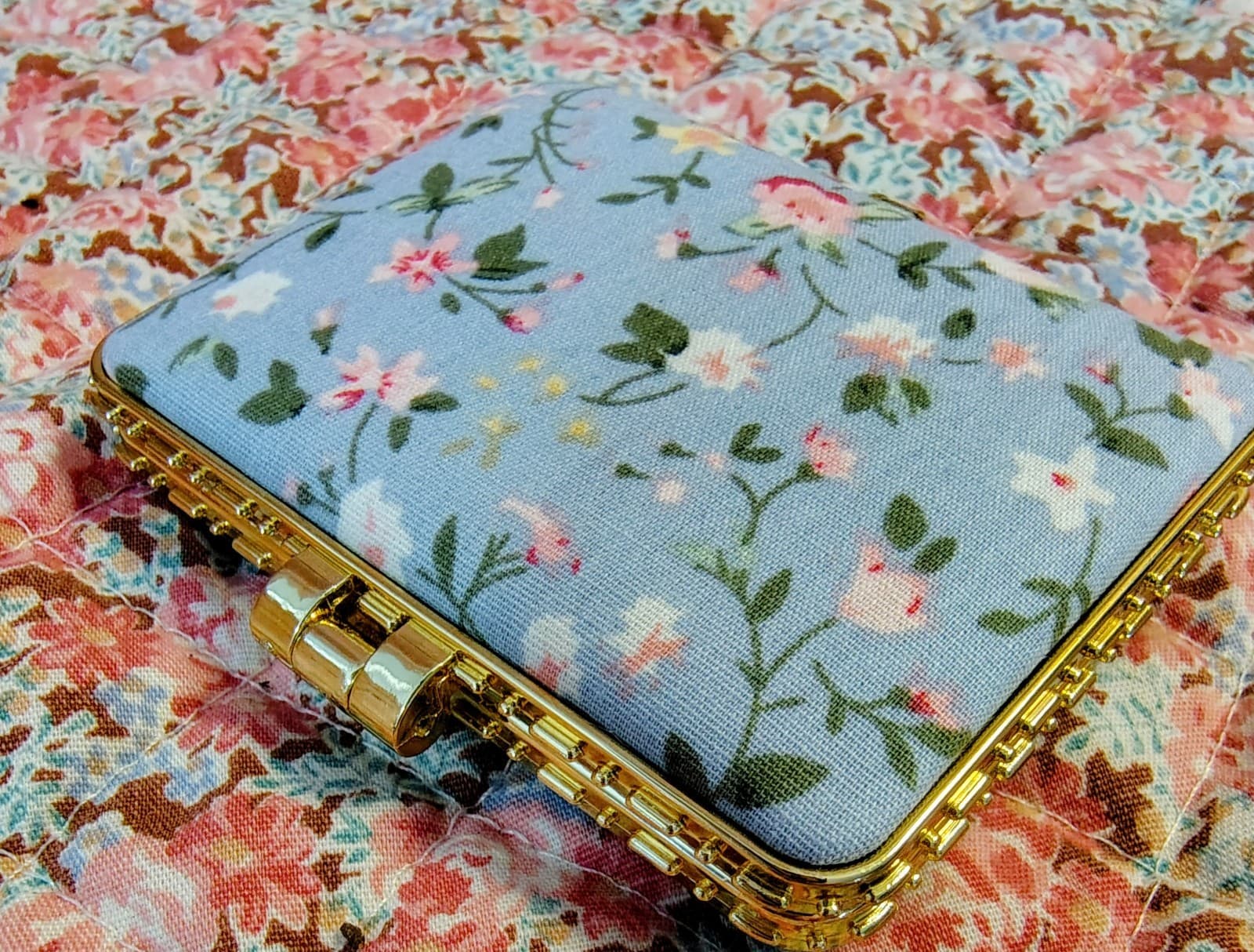 NEW Fabric Clasp Case Blue Floral Gold Pocket Mirror Trinket