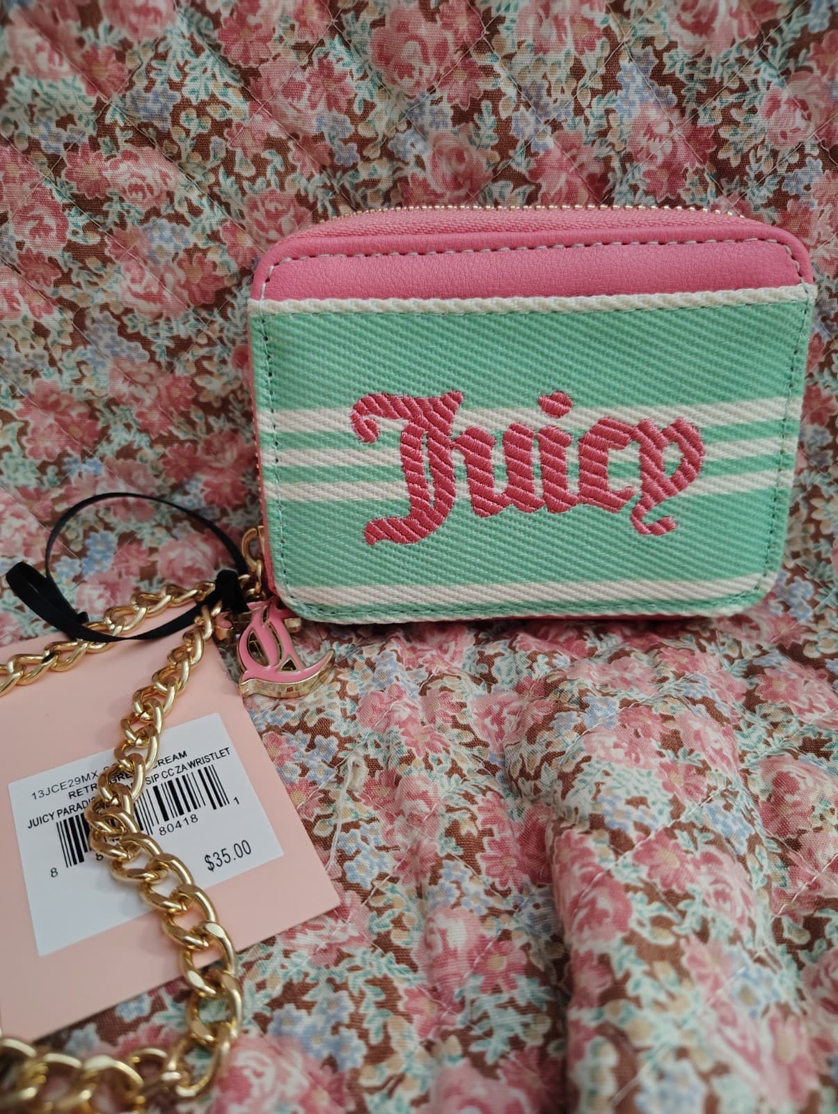 NEW Juicy Couture Exclusive Mint/Pink Wristlet Wallet Gold Chain Charm