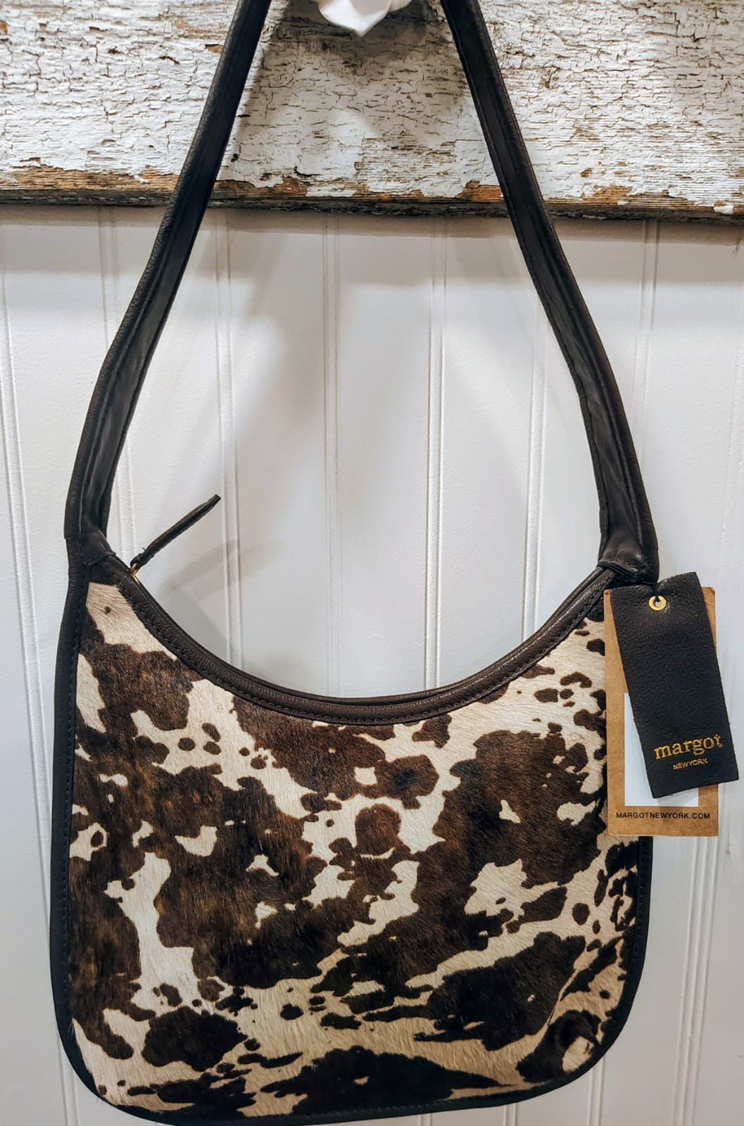 Margot New York Black Leather Hobo Bag With Cowhide NWT, $178