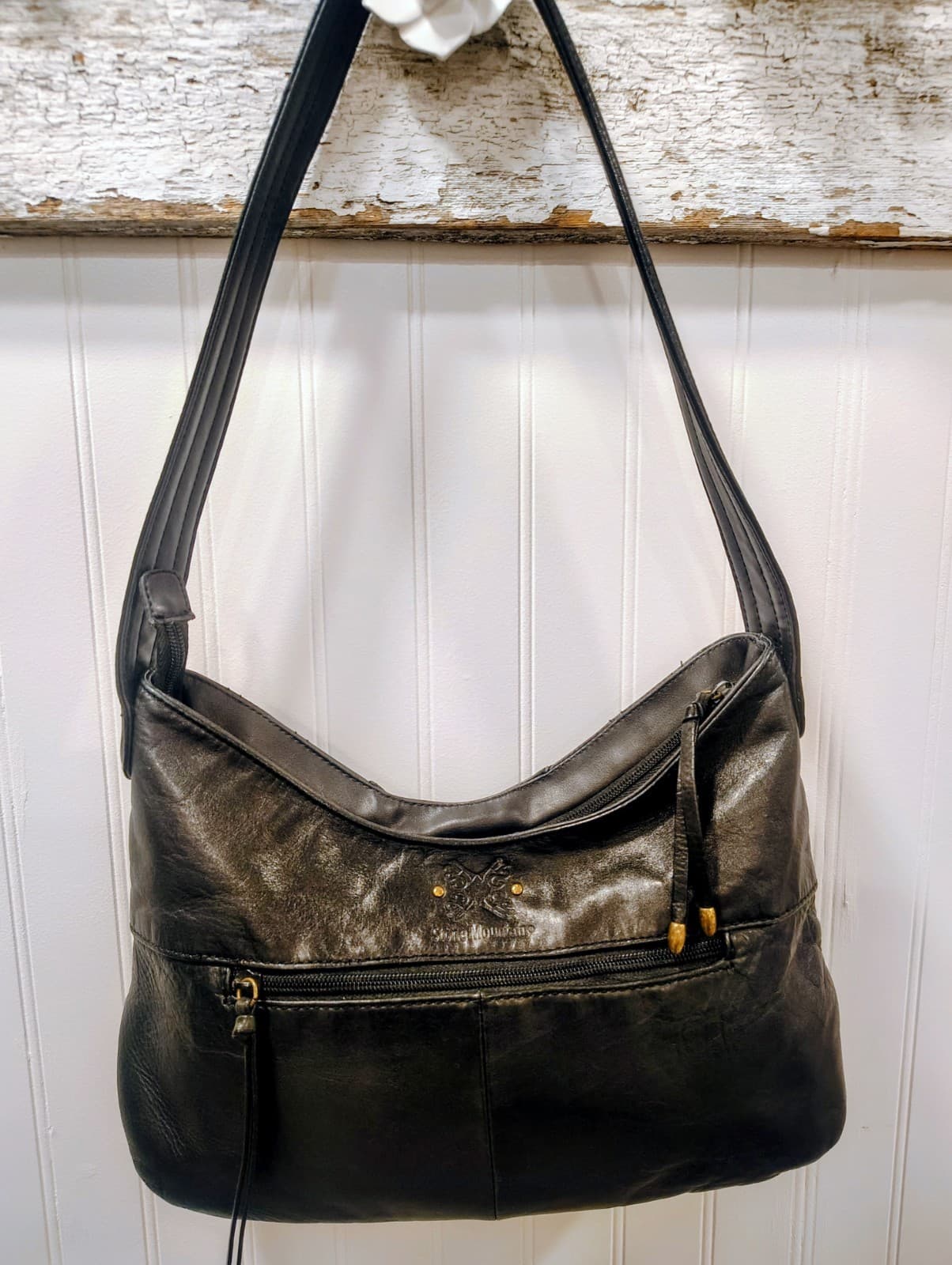 Stone Mountain Black Leather Hobo Shoulder Bag, Butterfly Logo, Studded, EUC