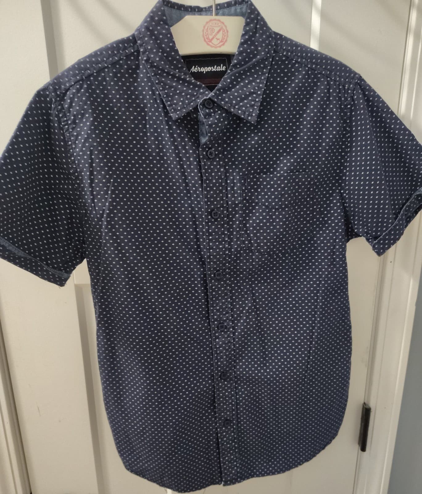 Aeropostale Mens Button Up Dress Shirt, Mens Small, Blue And White Polka Dot