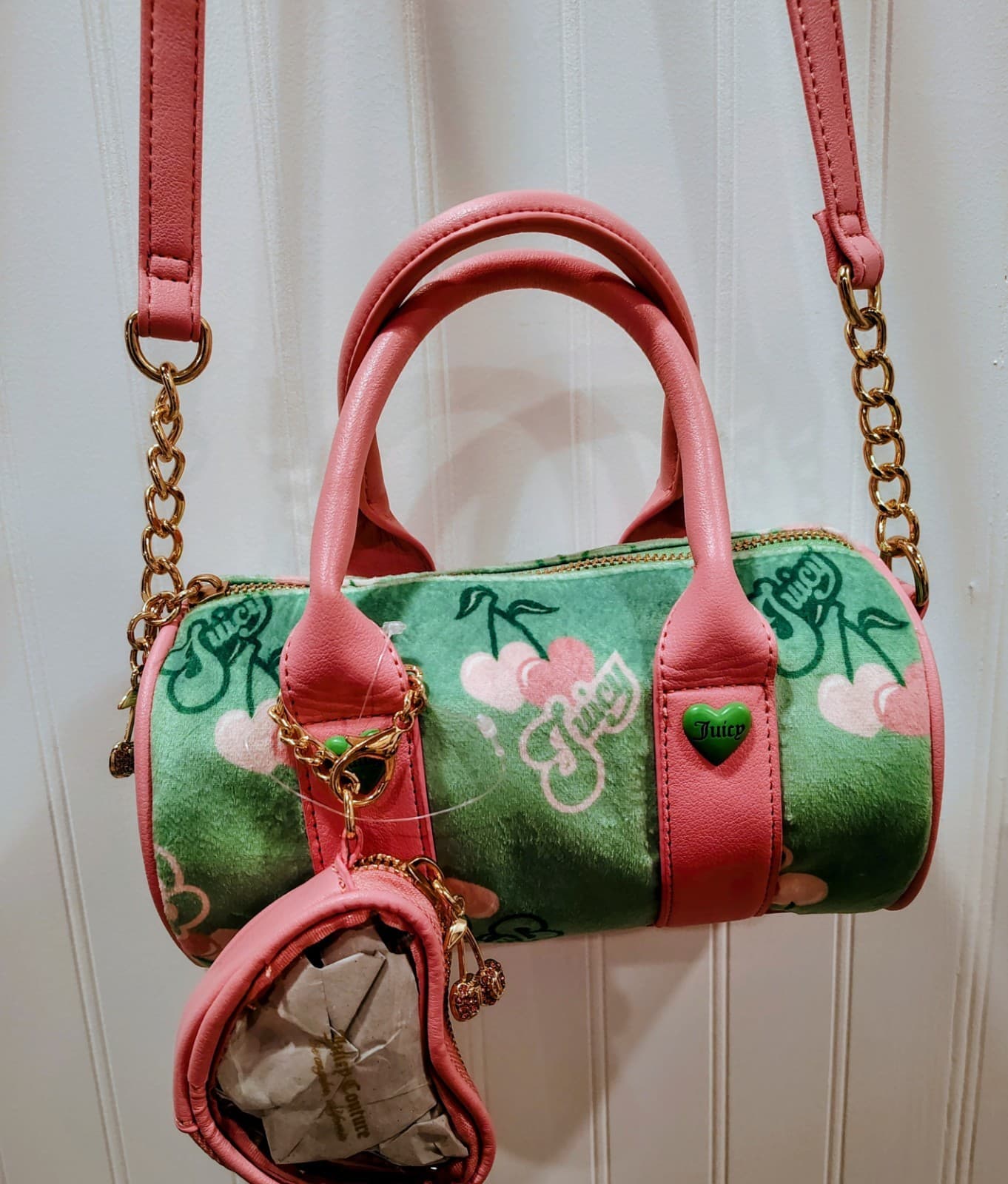 Juicy Couture Retro Cherry Mini Barrel Handbag Crossbody Green Pink NWOT $99