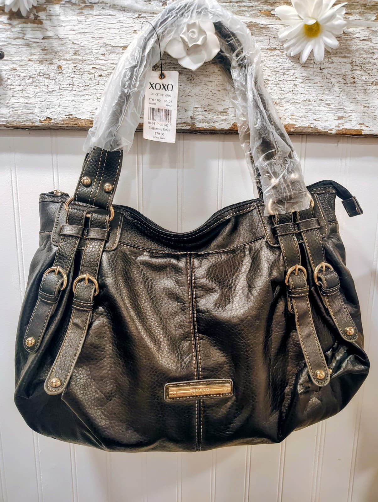 XOXO Black Faux Leather Hobo Shoulder Bag, Buckles, NWT $79