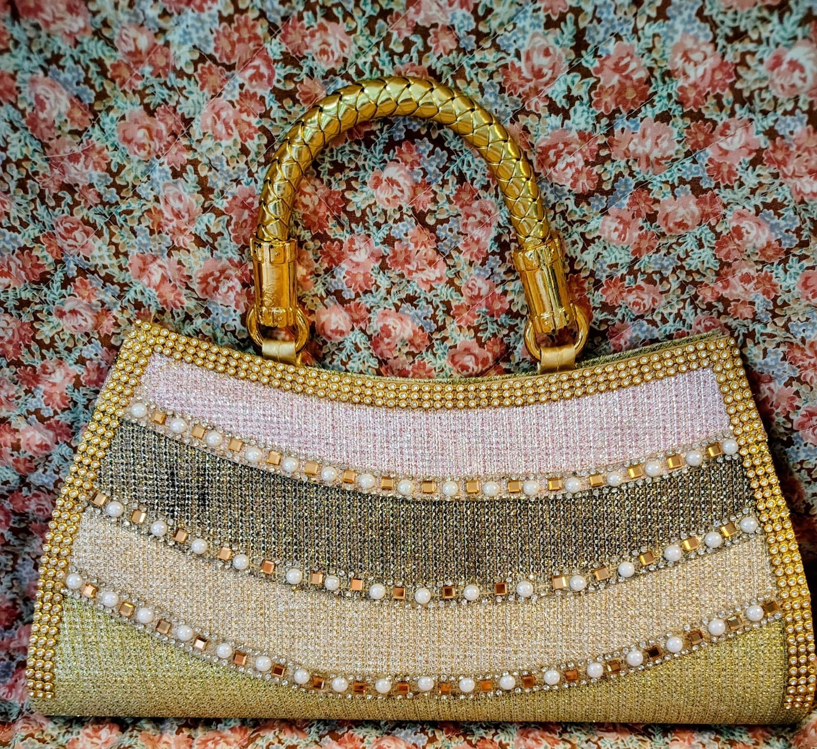 Gold Embellished Pearl Evening Handbag, Removable Gold Shoulder Strap NWOT