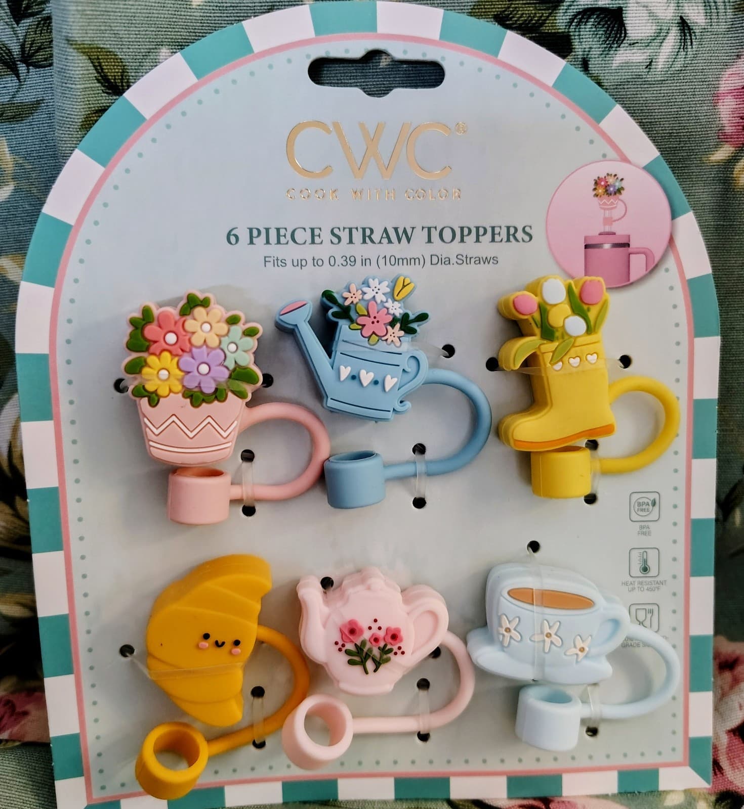 NWT Cook With Color Silicone Straw Toppers Tea Party