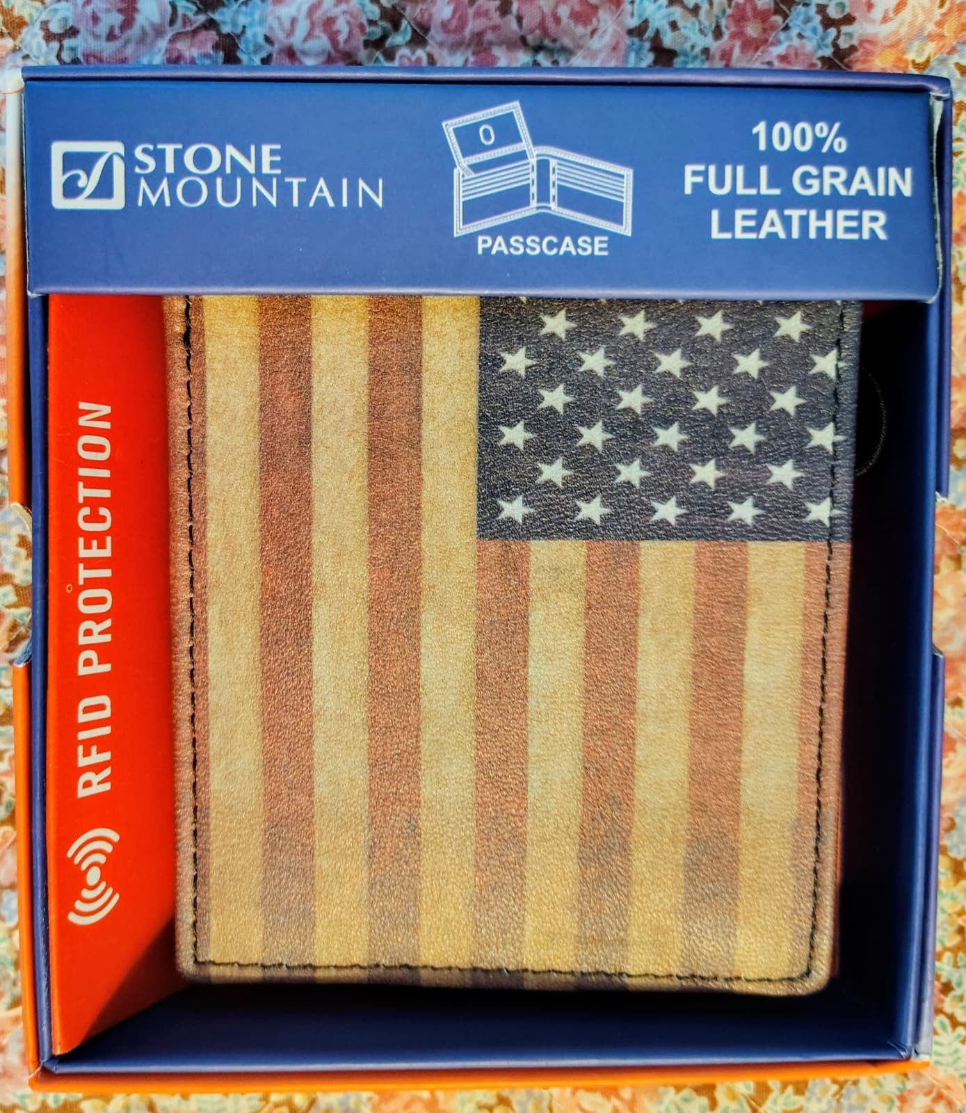 NWT Stone Mountain Men's Full Grain Leather Wallet USA Flag, MSRP $35