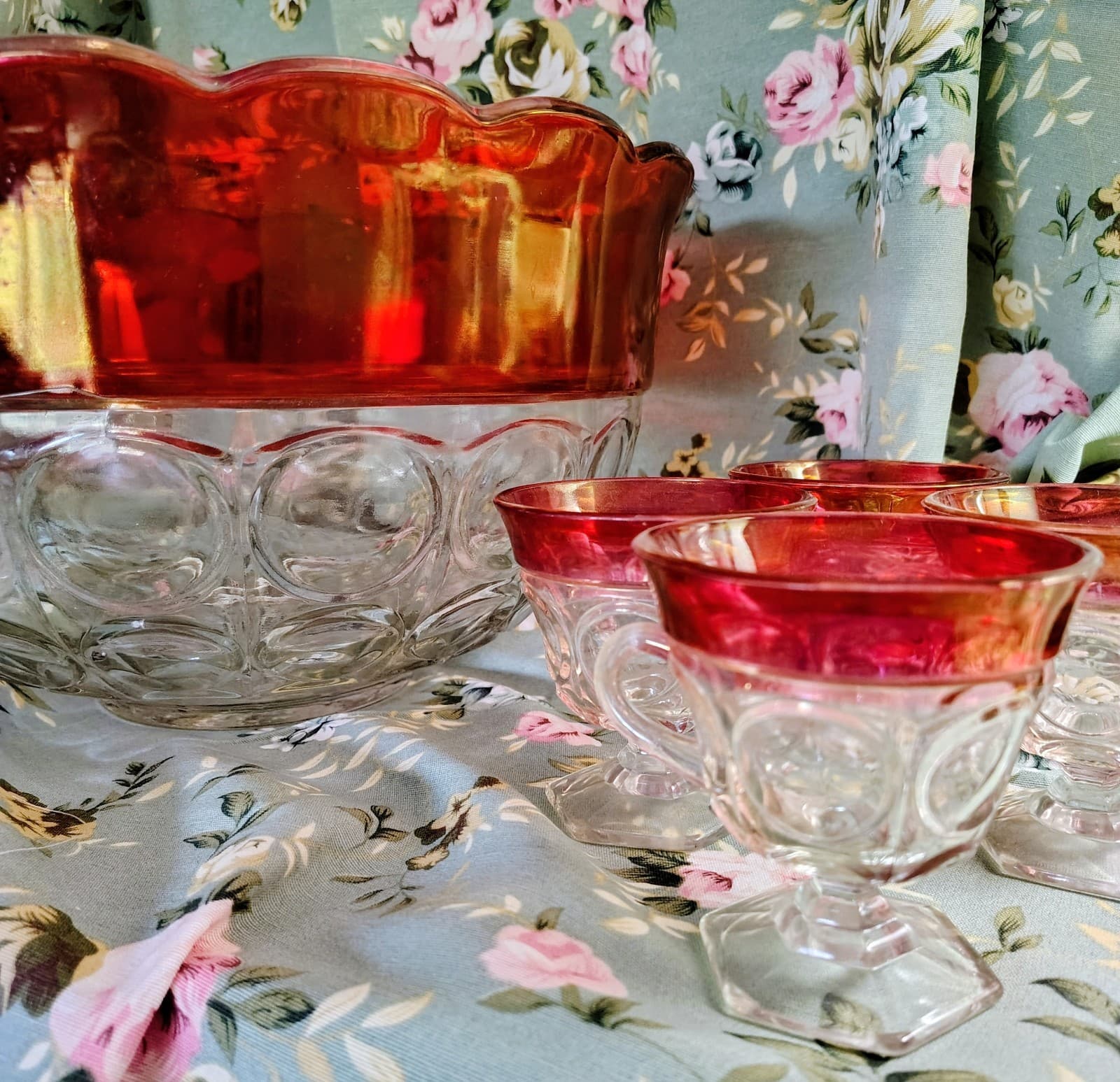 Vintage 1960s Indiana Glass Company Cranberry Red Glass Bowl, 11 Glasses, Set