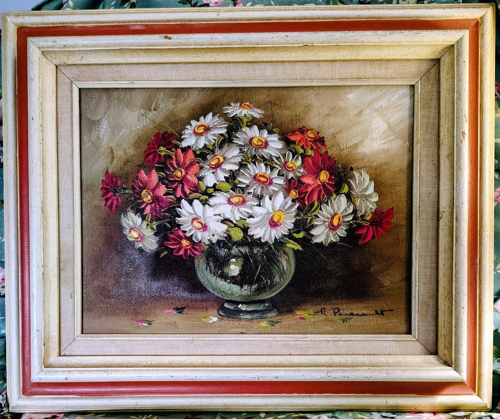 ROY PASANAULT ORIGINAL OIL ON CANVAS RED FLORAL Framed
