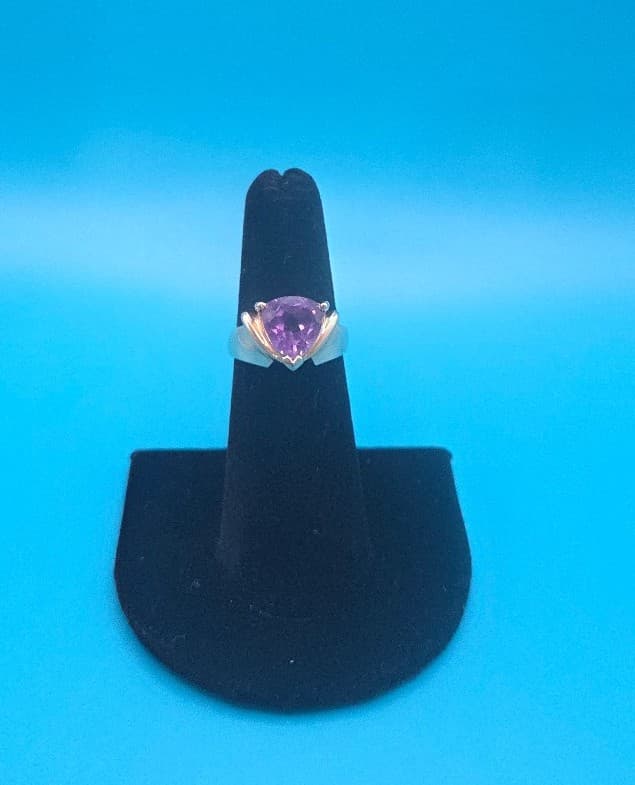 Solid 14k Yellow Gold Ring with Trillion Cut Amethyst