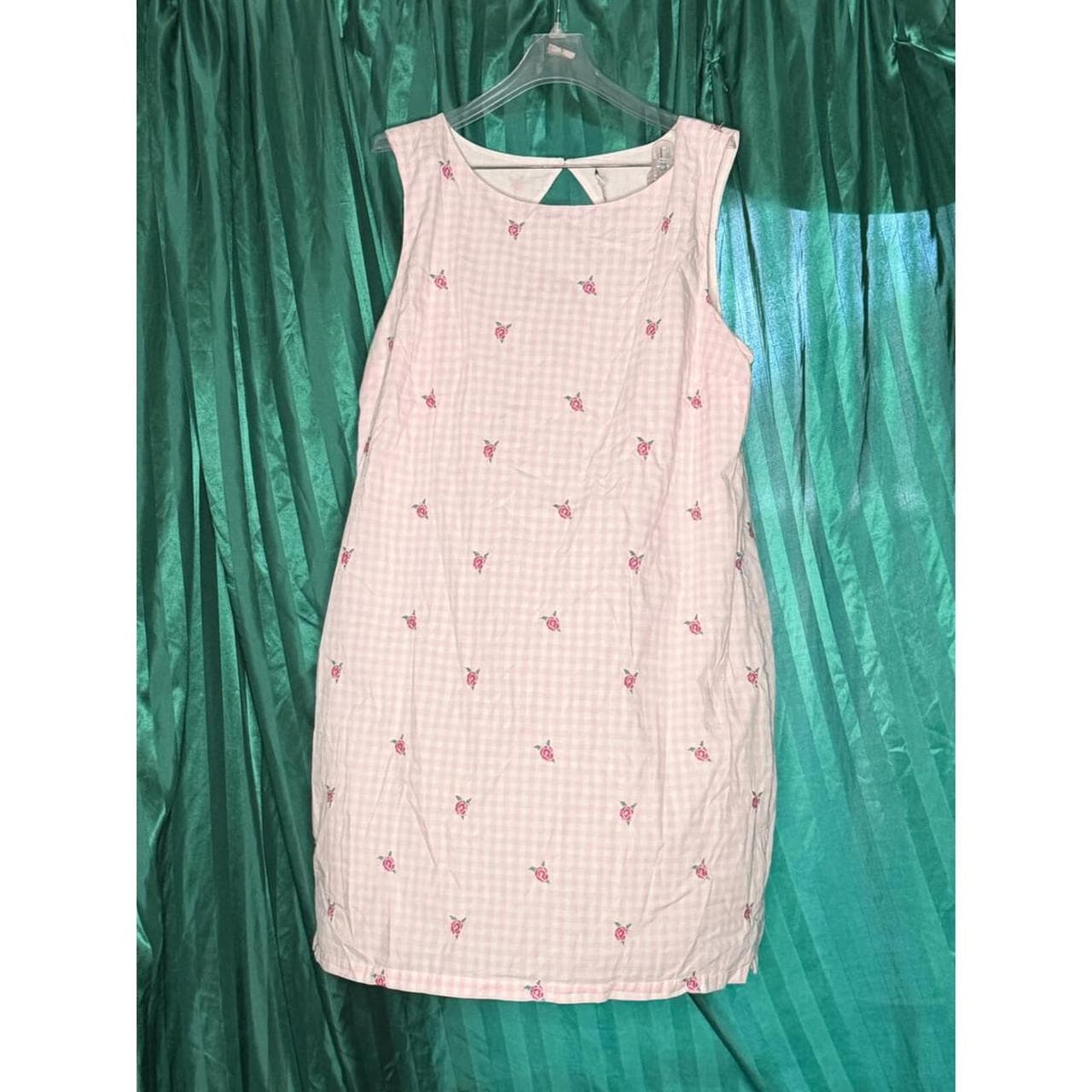 Kim Rogers Pink Gingham Shift Dress XL Rose Embroidery