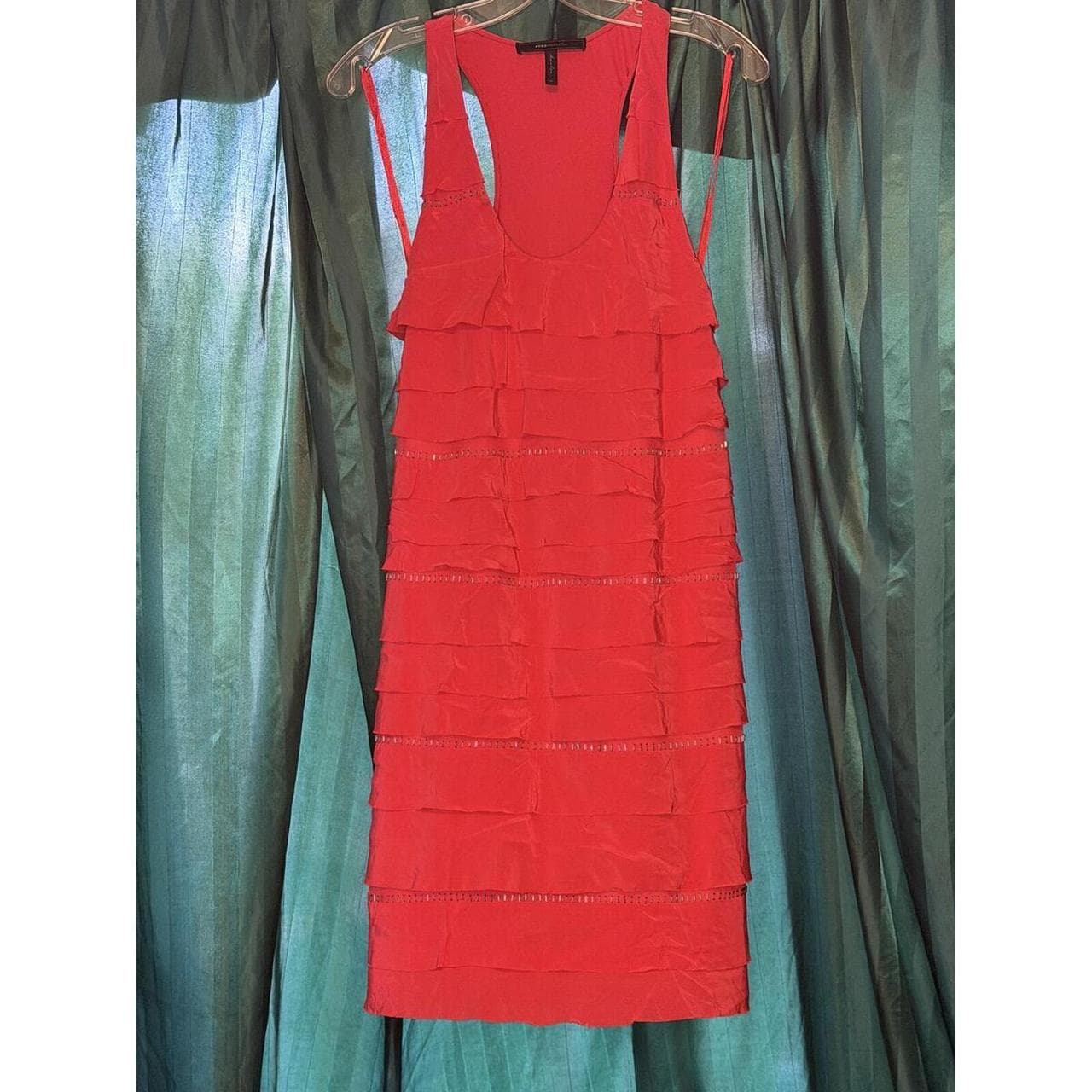 BCBGMAXAZRIA 100% Silk Red Ruffled Dress Sheer Tiered Dress
