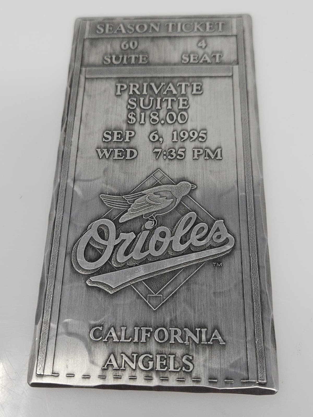 1995 Sept. 6th Baltimore Orioles Vs California Angels Baseball Metal Ticket