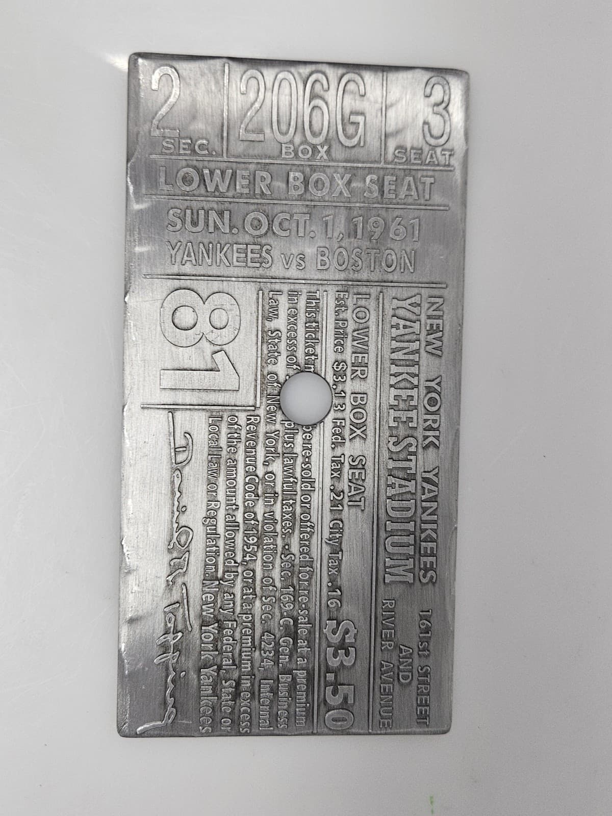 NEW YORK YANKEES METAL TICKET REPLICA 1961 YANKEES VS BOSTON