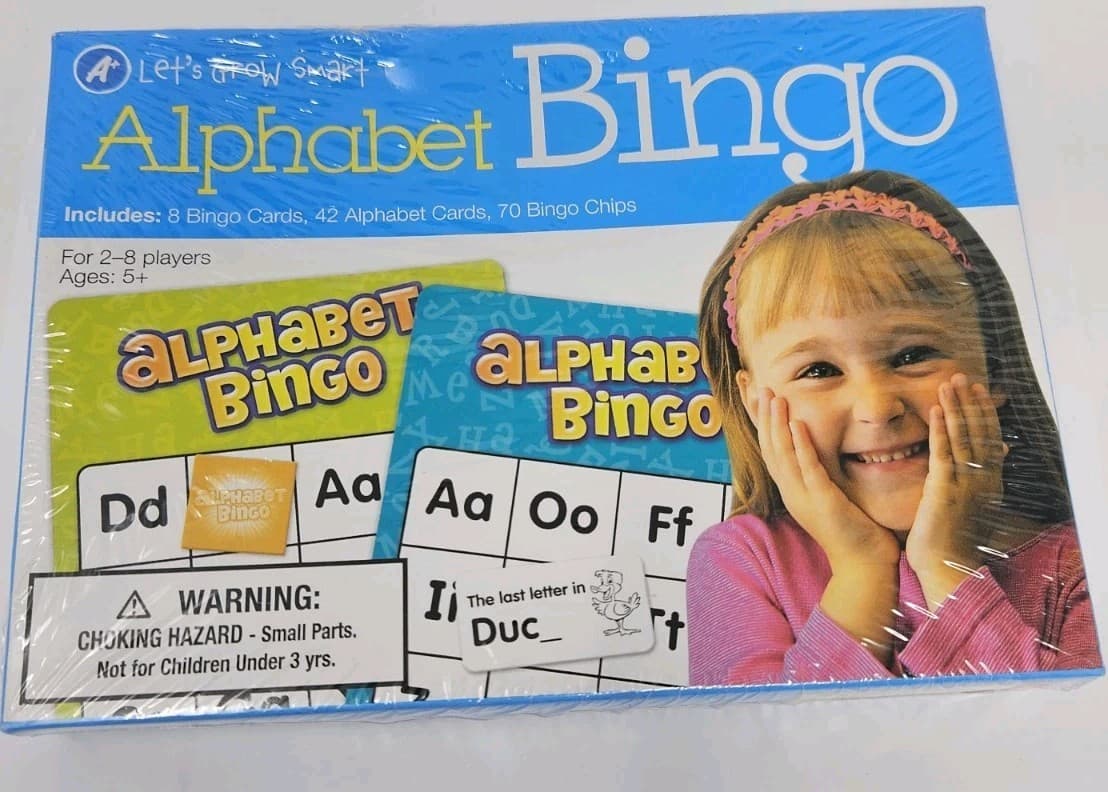 Sealed Alphabet Bingo Educational Play 8 Bingo Cards 42 Cards 70 Bingo Chips