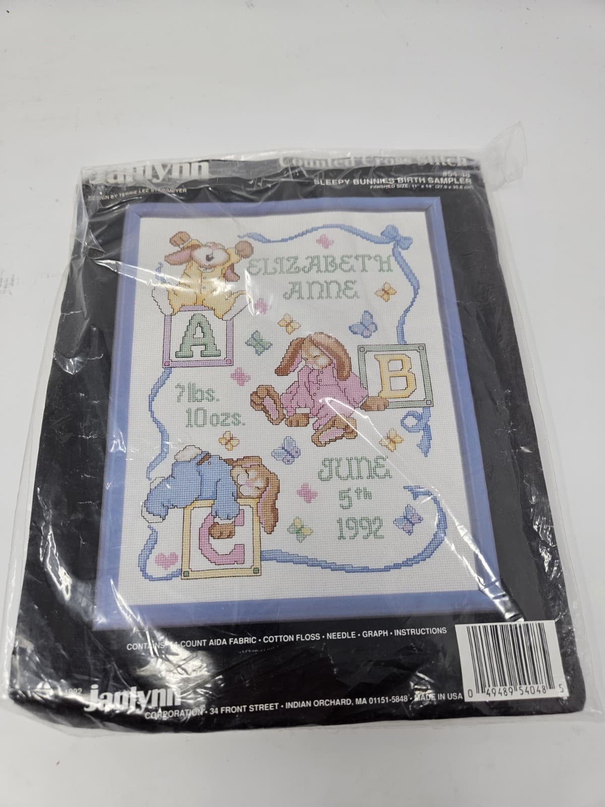Sleepy Bunnies Birth Sampler Counted Cross Stitch Kit Janlynn Vintage