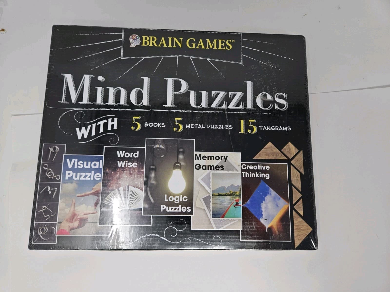 Brain Games - Mind Puzzles with 5 Books,5 Metal Puzzles and 15 Tangrams - Sealed