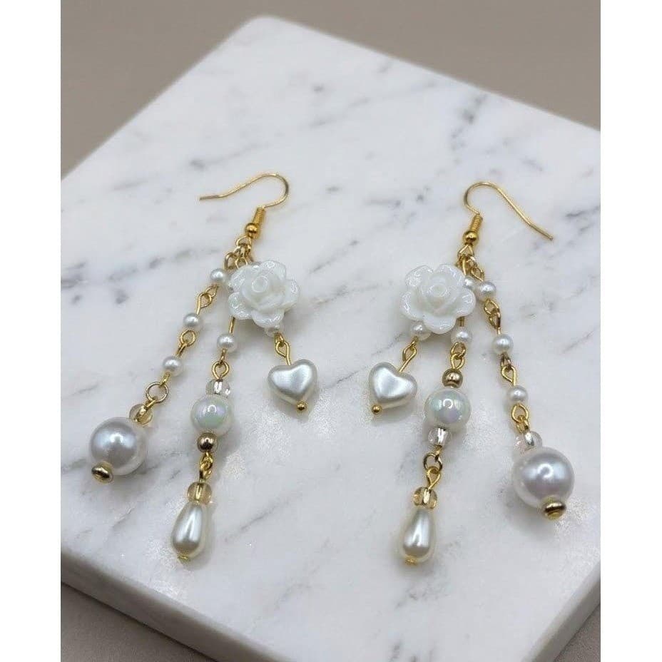 Handmade Earrings White Rose Heart Faux Pearl Gold Tone Dangle Drop