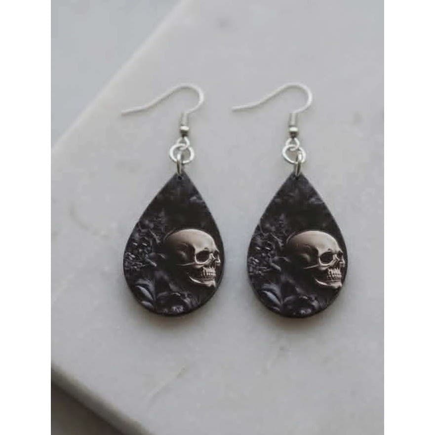Handmade Earrings Black Goth Skull Teardrop Silver Tone Dangle Drop