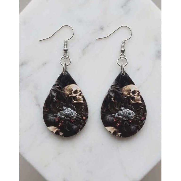 Handmade Earrings Goth Textured Teardrop Silver Tone Skull Rose #Jewelry