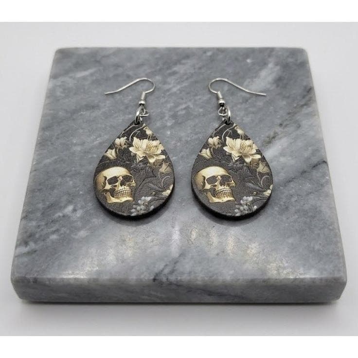 Handmade Sugar Skull Earrings Floral Textured Teardrop Dangle Jewelry
