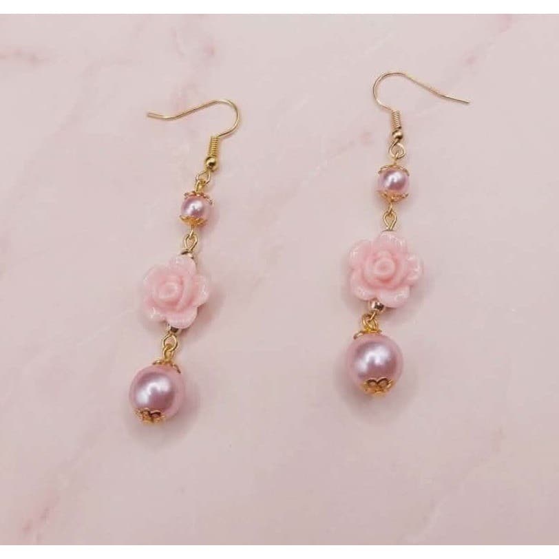 Handmade Drop Dangle Earrings Pink Floral Rose Pearl Jewelry