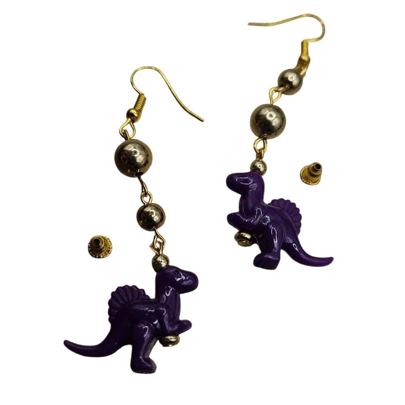 Purple Dinosaur Dangle Earrings Gold Tone Beads Fun Whimsical Jewelry