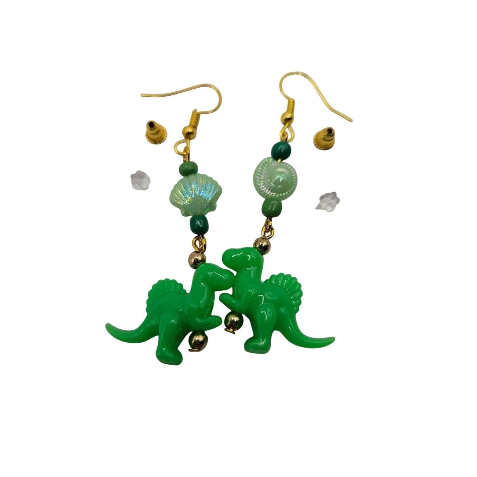 Handmade Green Dinosaur Earrings Dangle Beaded Shell Gold Tone Hooks Women