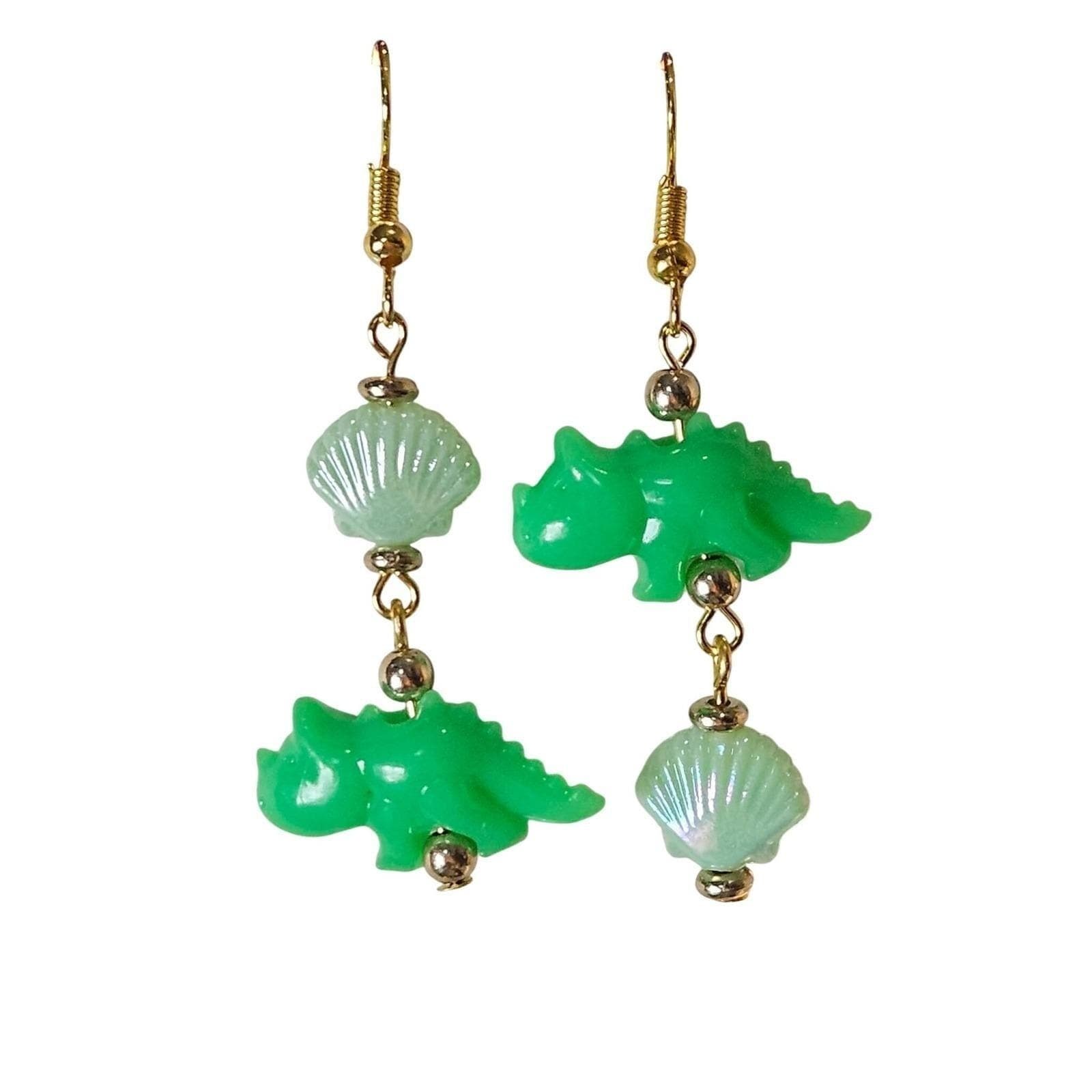 Handmade Dinosaur Shell Dangle Earrings Green Iridescent Cute Fun Mismatch