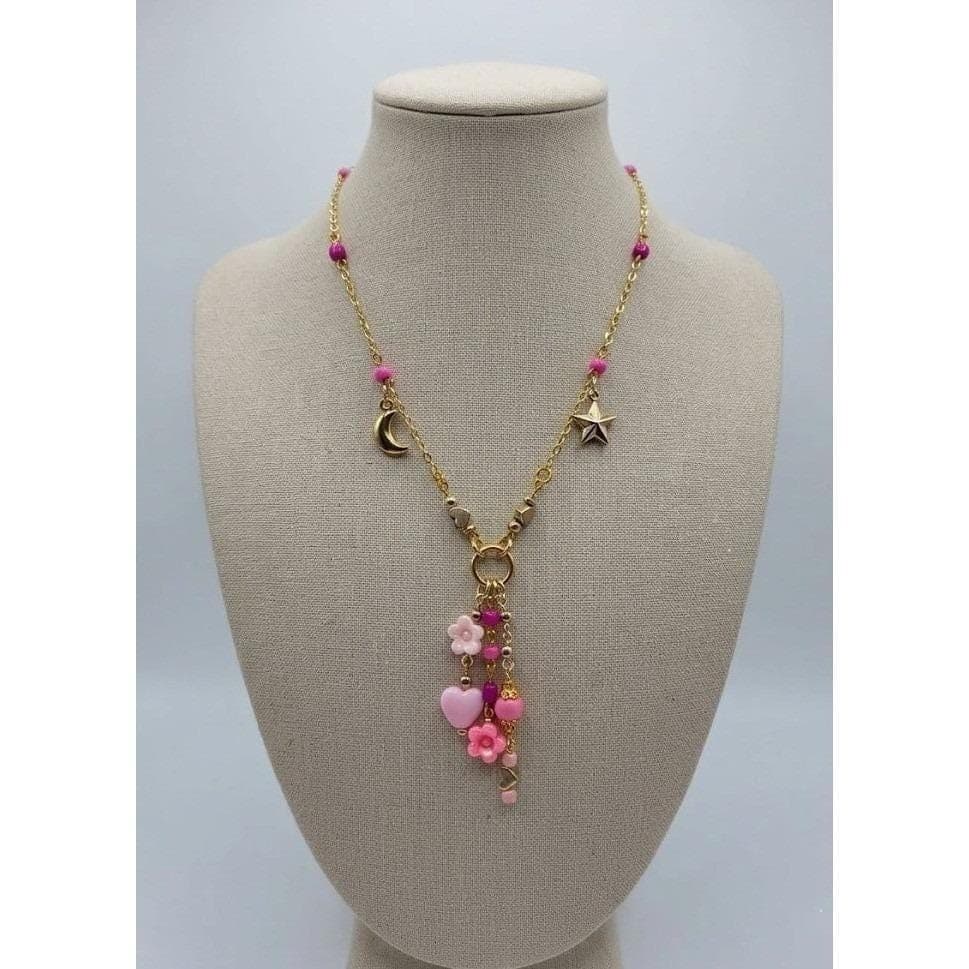 Handmade Necklace Gold Toned Stainless Steel Pink Floral Heart Y-Shape 21"