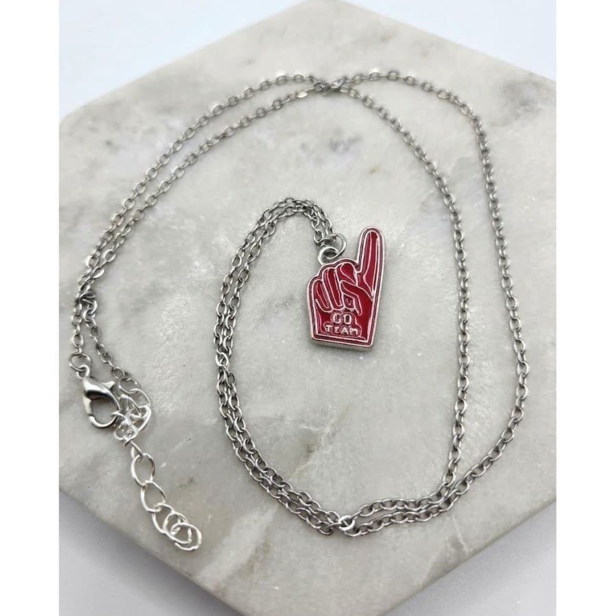 Handmade Necklace Red Go Team Foam Finger Charm Stainless Steel 25" Silver Tone